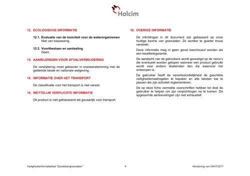 Veiligheidsinformatieblad Zandsteengranulaten - Holcim