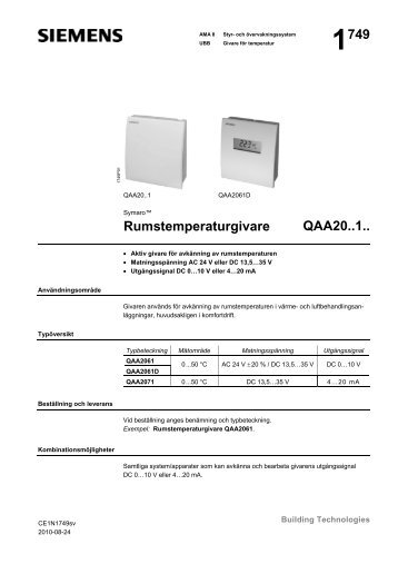 1749 Rumstemperaturgivare QAA20..1.. - Siemens Building ...