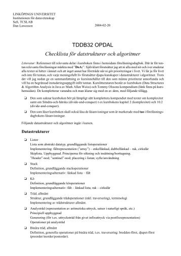 TDDB32 OPDAL Checklista för datstrukturer och algoritmer - IDA
