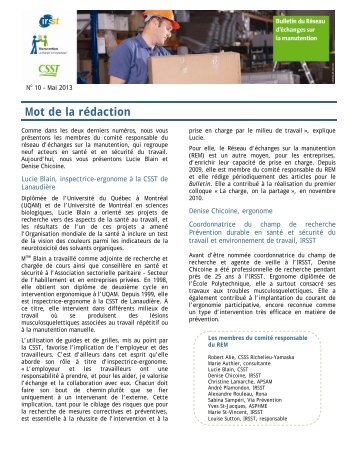 Réseau d'échanges sur la manutention - Irsst
