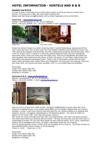 HOTEL INFORMATION - HOSTELS AND B & B