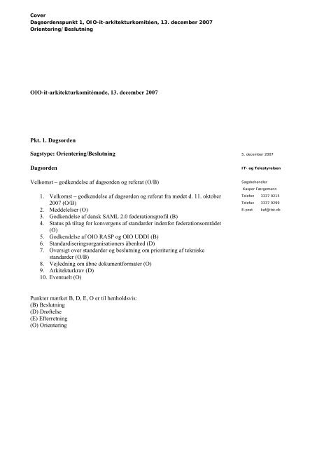 OIO-it-arkitekturkomitémøde, 13. december 2007 Pkt. 1. Dagsorden ...