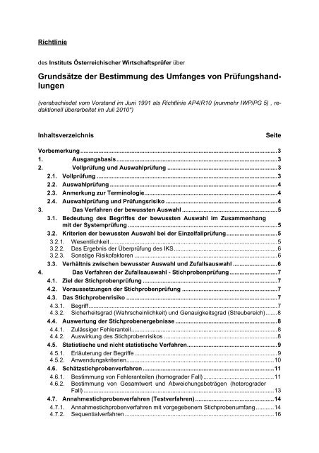 Grundsätze der Bestimmung des Umfanges von Prüfungshandlungen