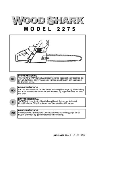 OM, Wood Shark, 2275, 952802006, 2007-11, Chain Saw, DK - Klippo