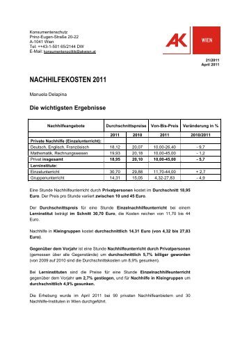 Erhebung Nachhilfekosten 2011 - Konsumentenfragen.at