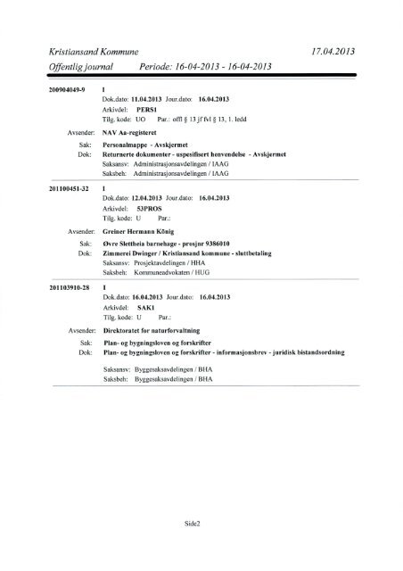 Offentlig journal - Kristiansand kommune