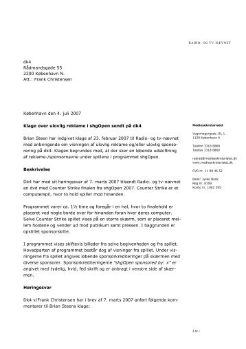Klage over ulovlig reklame i shgOpen sendt på dk4 - Kulturstyrelsen