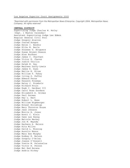 Los Angeles Superior Court Assignments 2005