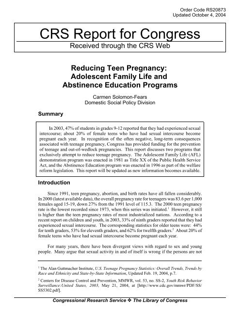 Reducing Teen Pregnancy: Adolescent Family Life and Abstinence ...