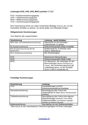 1.7.2.5 Leistungen KVG, VVG, UVG, MVG zuordnen - Lernender.ch