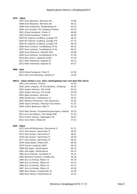 Segrare genom tiderna i Lidingöloppet2012