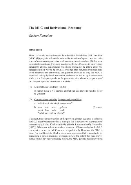 Minimality Effects in Syntax · The MLC and Derivational Economy ...