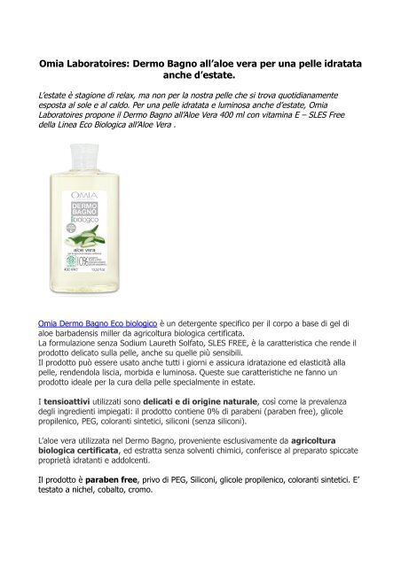 Dermo Bagno Aloe Vera: Una pelle idratata anche dâestate. 