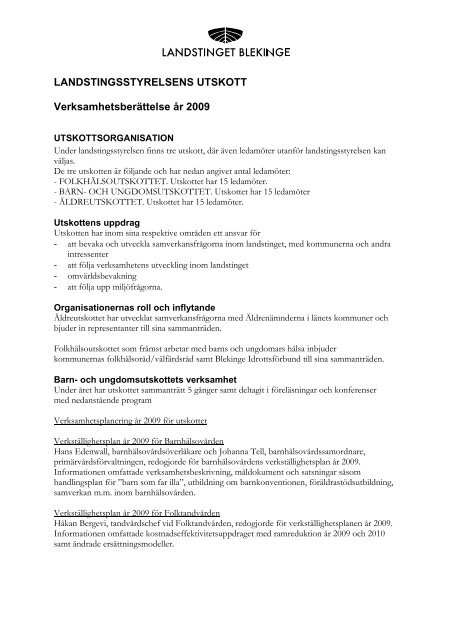 LANDSTINGSSTYRELSENS UTSKOTT Verksamhetsberättelse år ...