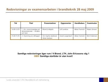 Redovisningar av examensarbeten i brandteknik 28 maj 2009