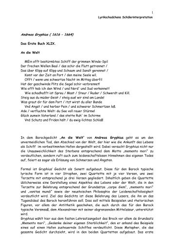 Andreas Gryphius An Die Welt Gryphius Magazine