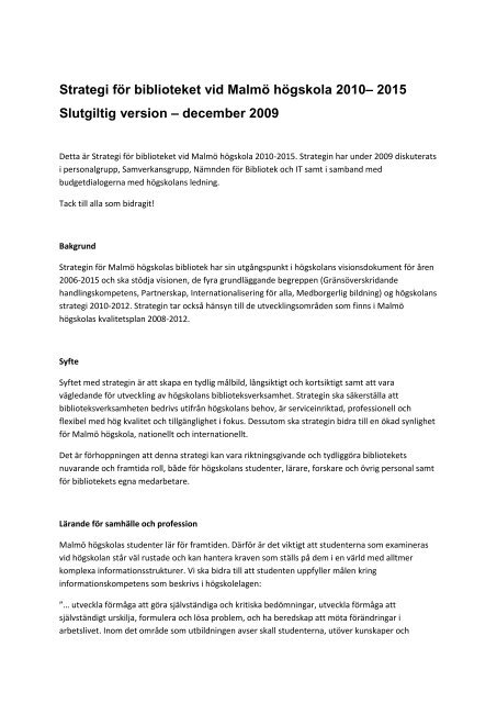 Strategi för biblioteket 2010-2015 - Malmö högskola