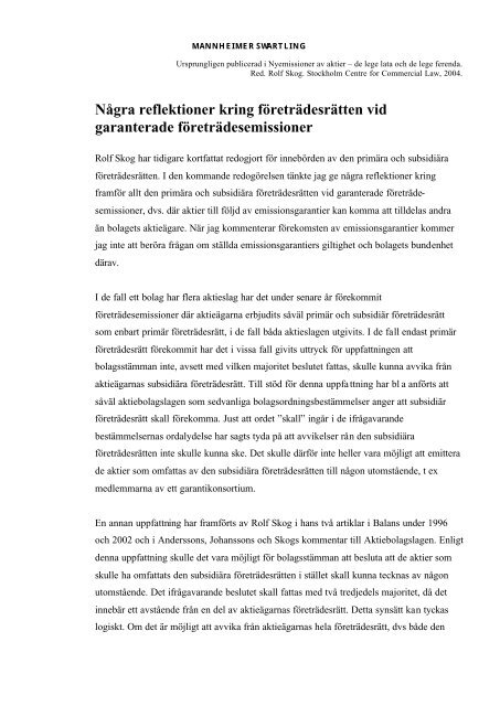 Några reflektioner kring företrädesrätten vid garanterade ...
