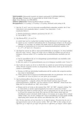TENTAMEN: Matematisk statistik och diskret matematik D (MVE055 ...