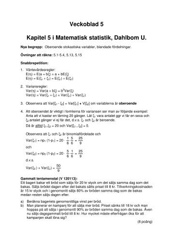 Veckoblad 5 Kapitel 5 i Matematisk statistik, Dahlbom U.