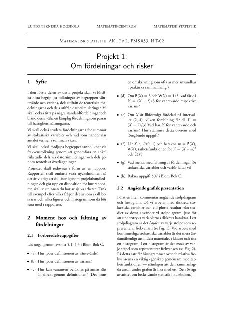 Projekt 1 - Matematikcentrum - Lunds Tekniska Högskola