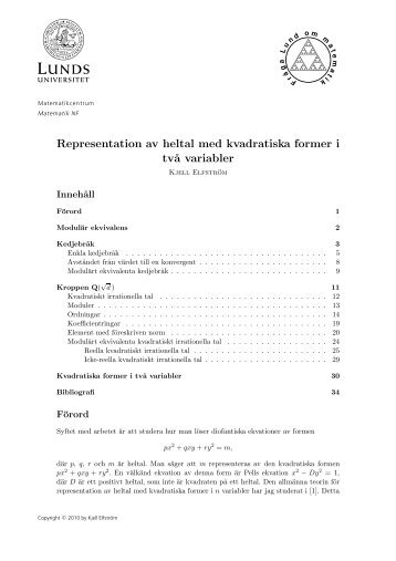 Representation av heltal med kvadratiska former i två variabler