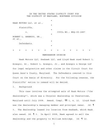 Haak Motors LLC, et al. v. Robert L. Arangio, Sr., et al. - District of ...