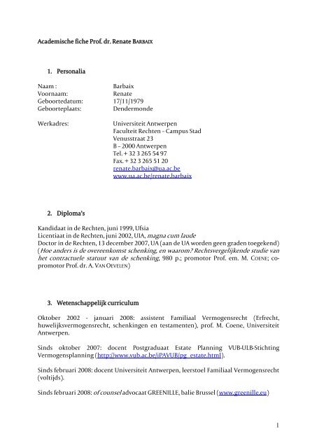 Curriculum vitae Renate Barbaix - Universiteit Antwerpen