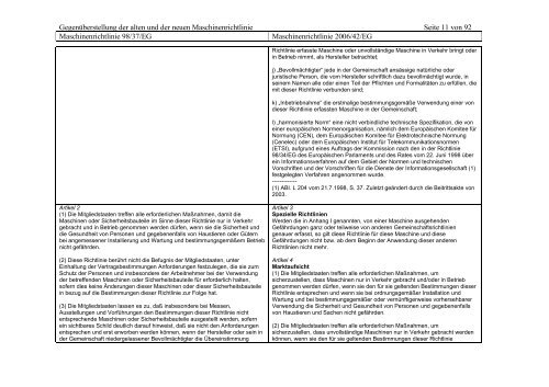 Gegenüberstellung Maschinenrichtlinie ALT/NEU - Mechatroniker