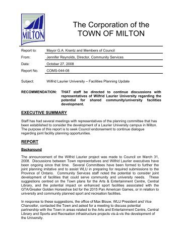 Wilfrid Laurier University - Facilities Planning Update - Town of Milton