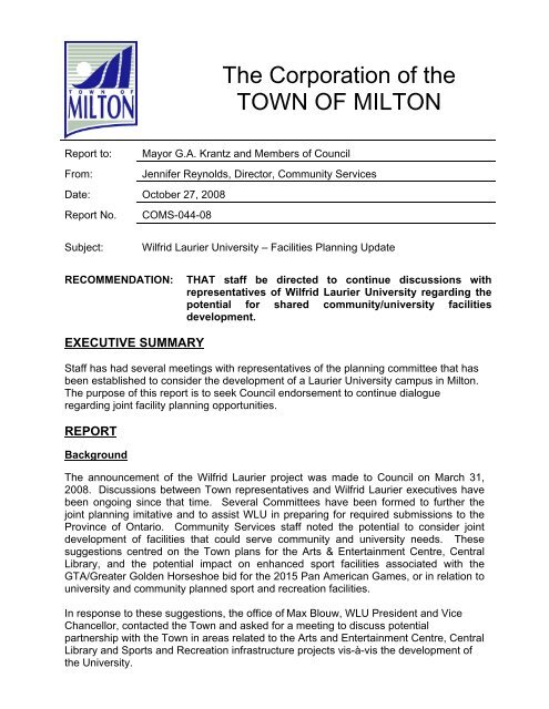 Wilfrid Laurier University - Facilities Planning Update - Town of Milton