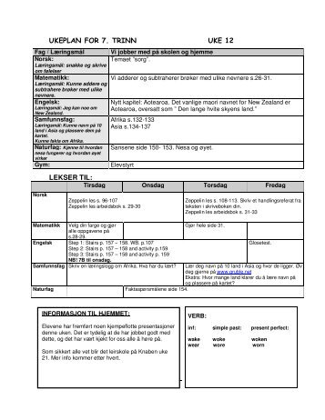 UKEPLAN FOR 7. TRINN UKE 12 LEKSER TIL: - Minskole.no
