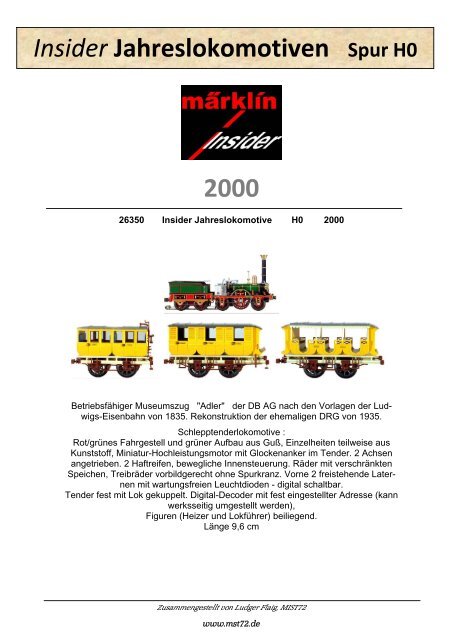 2000 Insider Jahreslokomotiven Spur H0 - MIST72