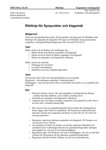 Riktlinje för Synpunkter och klagomål.pdf - Mölndal