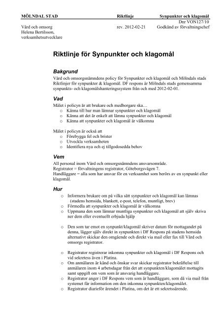 Riktlinje för Synpunkter och klagomål.pdf - Mölndal