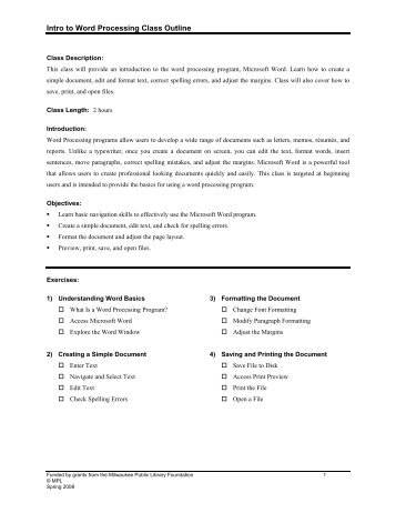 Intro to Word Processing Class Outline - Milwaukee Public Library
