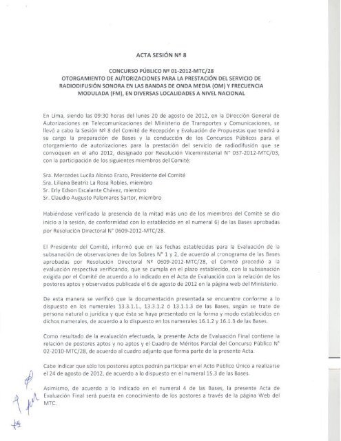 Acta de evaluación final y relación de postores aptos y no aptos