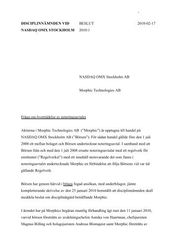 2010:1 Morphic Technologies AB Beslut - Nasdaq OMX