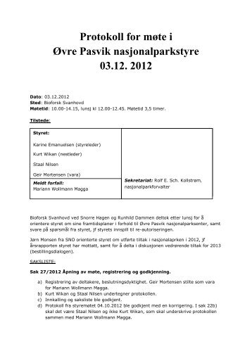 Protokoll for styremøte 03. desember 2012