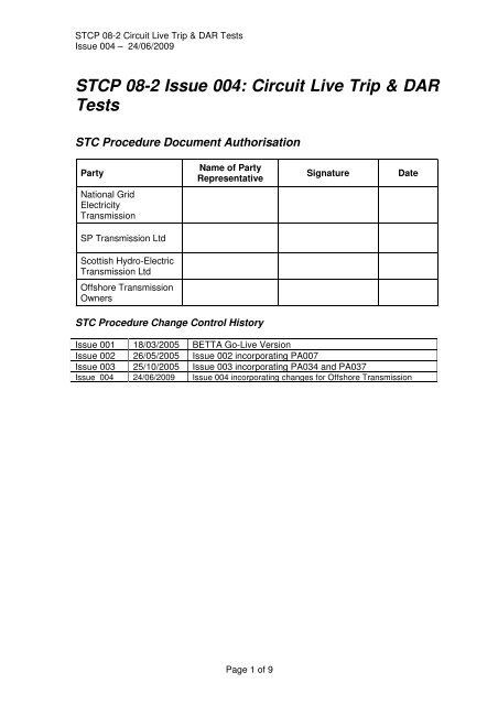 STCP 08-2 Issue 004: Circuit Live Trip & DAR Tests - National Grid