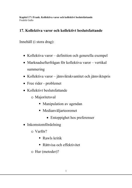 17. Kollektiva varor och kollektivt beslutsfattande Innehåll (i stora ...