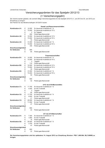 Versicherungsprämien für das Spieljahr 2012/13 ...