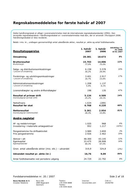 Regnskabsmeddelelse for første halvår af 2007 - Novo Nordisk