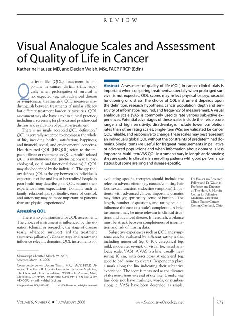 Visual Analogue Scales and Assessment of Quality of Life in Cancer