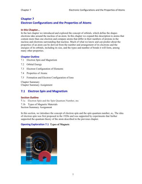 Chapter 7 Electron Configurations and the Properties of Atoms 7.1 ...