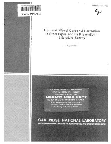 Iron and nickel carbonyl formation in steel pipes and its - Oak Ridge ...