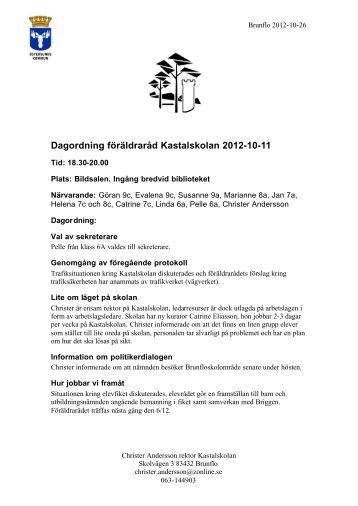 Dagordning föräldraråd Kastalskolan 2012-10-11