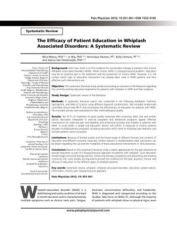 The Efficacy of Patient Education in Whiplash ... - Pain Physician