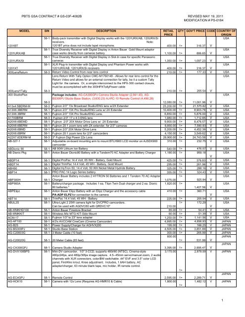 Povas Pbts Gsa Price Schedule May 2011 Pricing Panasonic