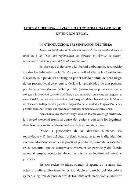 legitima defensa. su viabilidad contra una orden de detencion ilegal